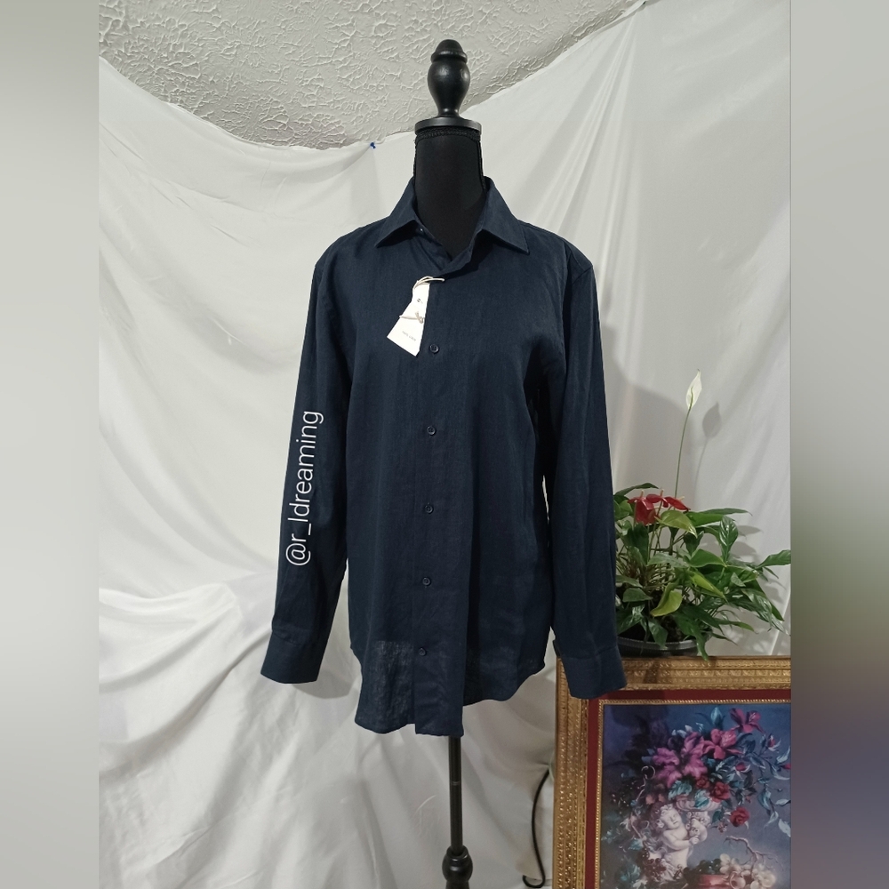 Zara Man Linen Sartorial Long Sleeve Button Up Shirt Navy Blue Size S NWT